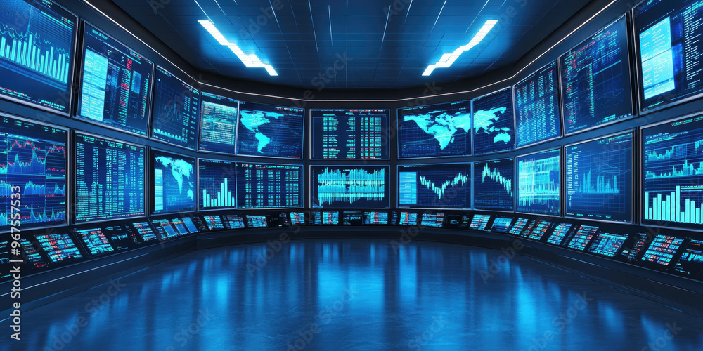 Aufkleber multiple screens are displaying data and charts in a modern monitoring room. the image evokes concep
