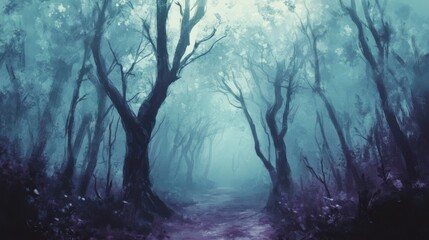 A mystical forest with fog, ethereal trees, and an enchanting pathway beckoning exploration.