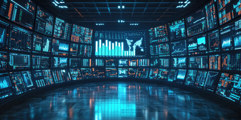 Multiple screens are displaying data and charts in a modern monitoring room. The image evokes concepts like big data, cybersecurity and business intelligence