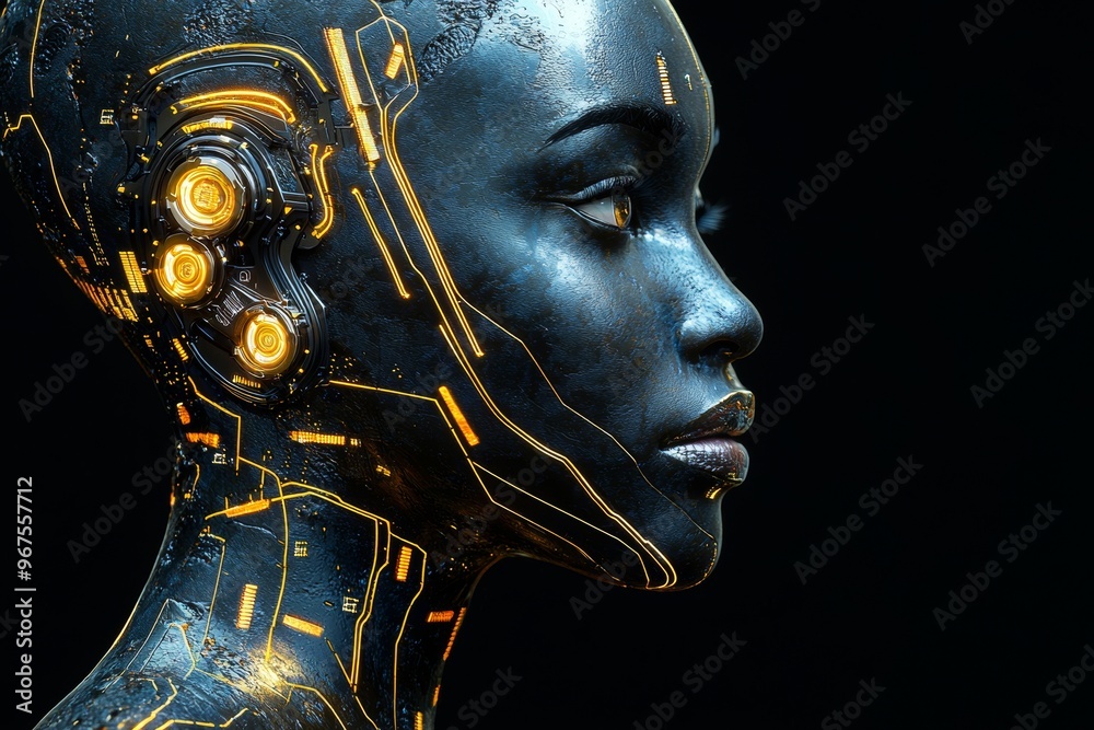 Poster Invention of a female humanoid robot on a black background using generative AI
