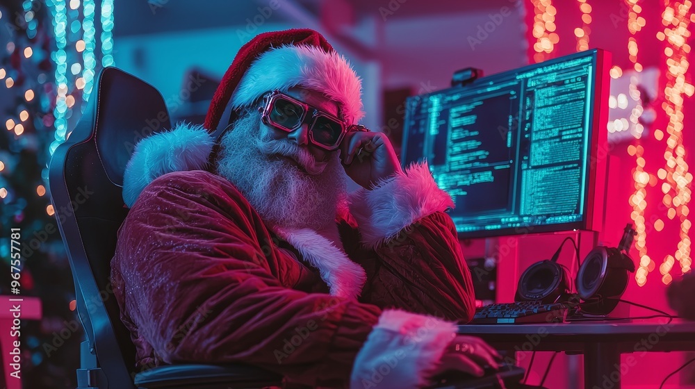 Aufkleber Computer screen with Santa Claus typing complex password on keyboard. Futuristic background with stock. Banner. Animated Ai.