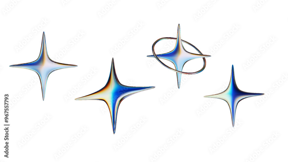 Wall mural 3d render holographic abstract chrome stars. set vector 3d shapes