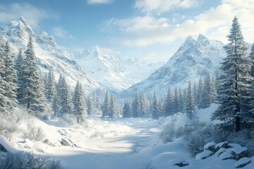 Snow-Covered Mountains and a Winding Stream in a Wintery Forest