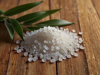 Plakat A close-up view of healthy sea salt accompanied by an almond tree branch, set against a bamboo backdrop. AI generated.