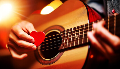 Close-up of the expert hands of a guitarist as he plays a beautiful wooden acoustic guitar with a red heart shaped plectrum (guitar pick). Concept of playing a love song or romance. Generative Ai.