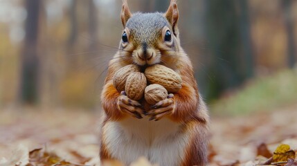 Obraz premium Squirrel Holding a Pile of Nuts in a Forest
