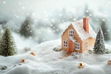 Miniature Cardboard House in a Snowy Winter Scene