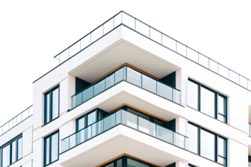 Modern residential building with balconies and glass facade in daytime isolated on transparent background