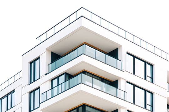 Modern residential building with balconies and glass facade in daytime isolated on transparent background