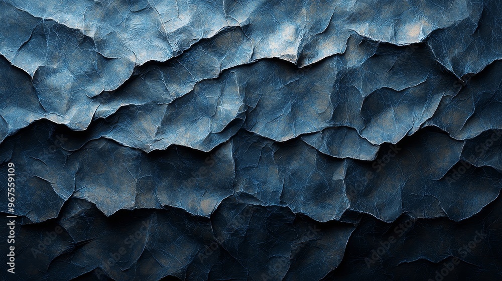 Leinwandbilder Shadows and highlights in blue crumpled paper texture. Abstract pattern made from crumpled material.