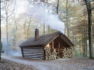 A large, rounded tree entwined with a rigid log cabin in a forest