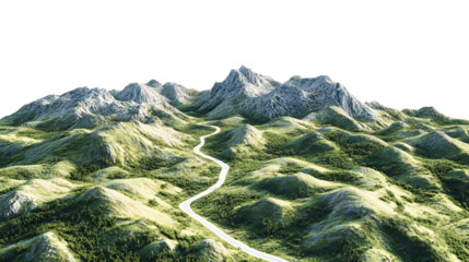 Scenic winding road through lush green mountainous landscape isolated on transparent background