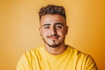 Obraz premium Young, curly-haired man wearing a yellow shirt against a bright yellow background, conveying a vibrant and cheerful mood, ideal for lifestyle images