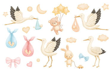 Watercolor stork carries newborn, cute baby bear with balloon and little bunny. Hand drawn illustrations isolated on white background. Set for decorating invitations and postcards for pregnant women