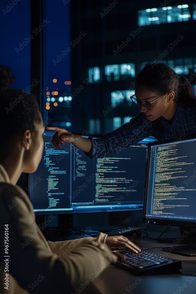 Poster young asian businesswoman points at computer screen with decoded data while discussing it with afric