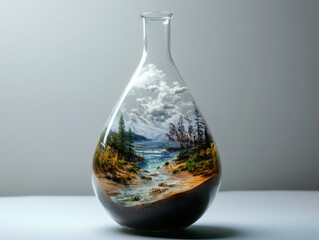 A stunning boiling flask filled with miniature ecosystem, showcasing serene landscape with trees, river, and dramatic clouds. This unique art piece captures beauty of nature in glass vessel