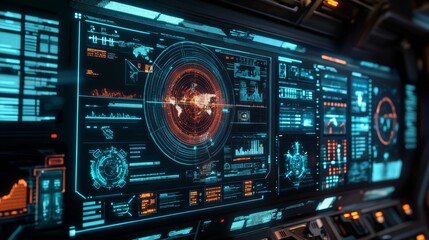 Futuristic Spaceship Cockpit with Digital Interfaces, World Map, Data Charts, and HUD Elements