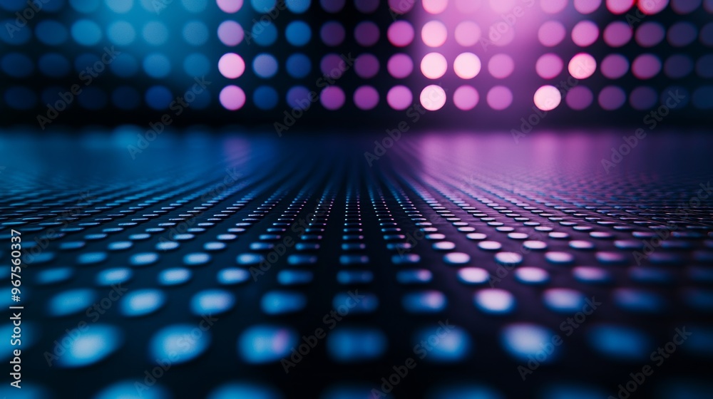 Poster Digital retro background. Wireframe cyber landscape with a blue background. 3D rendering of a perspective grid.