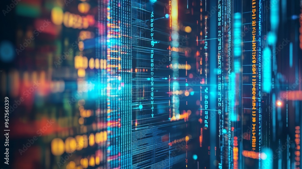 Poster Data flow by using big data binary code. Blockchain concept depicting a cryptocurrency blockchain - interconnected blocks. 3D rendering.