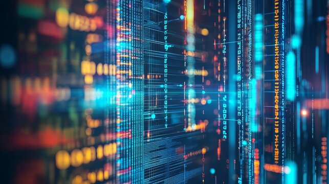 Data flow by using big data binary code. Blockchain concept depicting a cryptocurrency blockchain - interconnected blocks. 3D rendering.