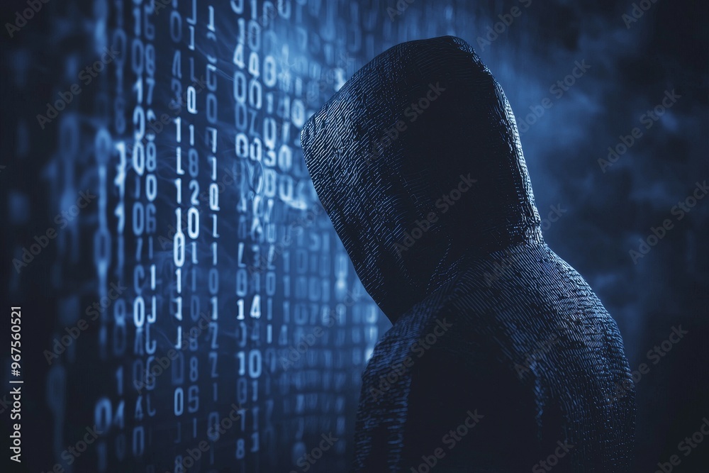 Poster A cyber criminal in a hood with dark space in place of a face and a matrix instead of a face, isolated on a blue digital background. A security system is under attack by a hacker.