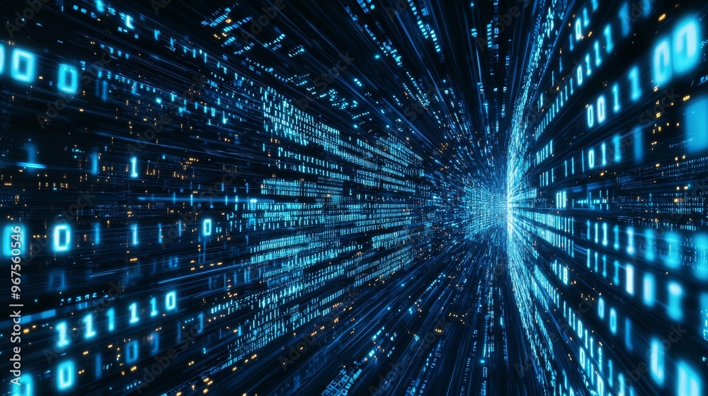 Poster Flowing digital data matrix, high speed connection; abstract background. Flowing digital data matrix with lighting.