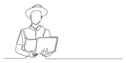 Arcontinuous line of farmers innovating with AI technology.one line drawing of farmer using laptop.farmer using AI technology.single line vector illustration.isolated white background