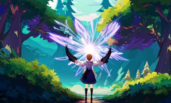 An anime protagonist with magical powers casting spells in an enchanting forest