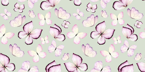 Pink Butterflies. Seamless pattern in pastel colors. Watercolor illustration, hand drawn, suitable for textiles, cards, invitations and scrapbooking.
