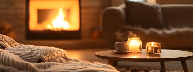 A cozy living room with soft blankets and hot cocoa on the coffee table, lit by warm candlelight from an open fireplace in the background