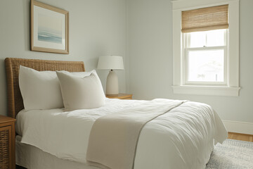 minimalistic bedroom with wicker bed frame and soft natural light