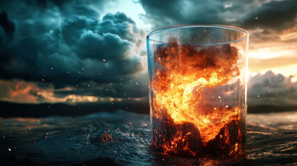 A bubbling ocean of lava inside glass beaker creates stunning visual against dramatic sky. fiery glow contrasts beautifully with dark clouds, evoking sense of wonder and intensity