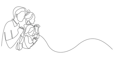 continuous line drawing of Christian family praying together.one line vector drawing of father,mother and daughter bending hands and praying.single line vector illustration.isolated white background