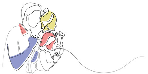 line art with colors Christian family praying together.abstract and unique one line drawing of family praying.isolated white background