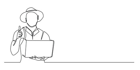 continuous line of farmers innovating with AI technology.one line drawing of farmer using laptop.farmer using AI technology.single line vector illustration.isolated white background