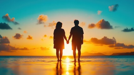 Romantic silhouettes watching sunset over peaceful ocean, serene love and connection
