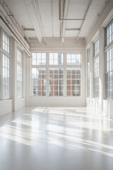 Obraz premium White Room, A bright, empty white room features large windows and exposed pipes, creating a spacious and minimalistic atmosphere