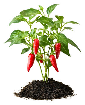 Red chili plant thriving in bright light and rich soil isolated on transparent background