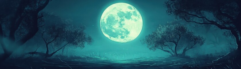 A serene night landscape featuring a luminous moon illuminating dark silhouettes of trees against a tranquil sky.