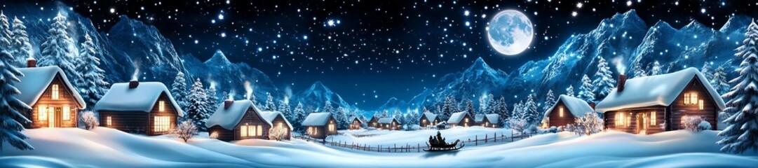 Naklejka premium Winter village in the mountains at night with full moon and stars. Starry Night Over a Snowy Town. moonlight christmas background. 