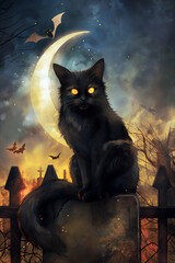 A black cat with glowing yellow eyes sitting on a fence under a crescent moon, with a graveyard in the background and a few bats flying overhead.