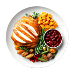 Delicious roasted chicken with fresh vegetables, cheese, and a side of beans on a white plate, perfect for a hearty meal.
