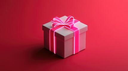 A beautifully wrapped gift box with a vibrant pink ribbon, set against a striking red background, perfect for celebrations.