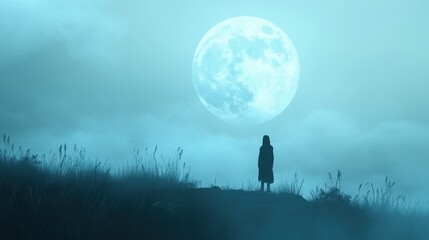 A solitary figure stands beneath a full moon, surrounded by misty landscapes, evoking a sense of mystery and tranquility.