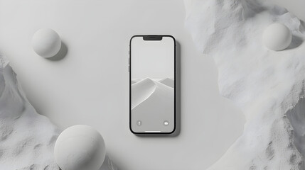 Mobile phone concept on a pedestal on a gray stone background. Concept mock-up template for advertising phone, new model, mobile applications with space for text