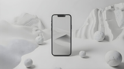Mobile phone concept on a pedestal on a gray stone background. Concept mock-up template for advertising phone, new model, mobile applications with space for text