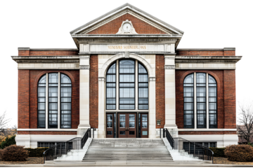 Historic brick building facade with large windows and steps isolated on transparent background