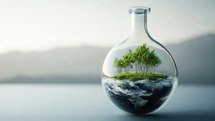 A massive flask filled with tiny versions of Earths biodiversity showcases miniature ecosystem, symbolizing importance of nature and conservation