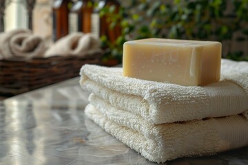Natural soap bar on soft towel