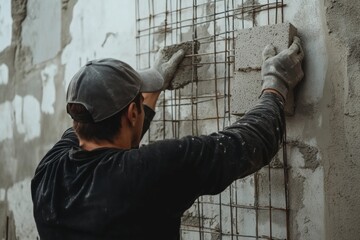 A man is working on the construction of his house. He is building a wall with concrete blocks and iron mesh. The photo is taken from behind him. Generative AI